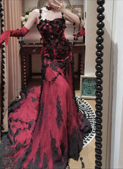 Wine Red Tulle Mermaid Straps Long Party Dress with Straps, Wine Red Long Prom Dress