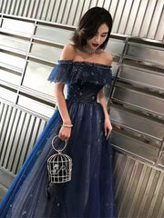A-line Navy Blue Off Shoulder Beaded Party Dress, Navy Blue Tulle Long Prom Dress