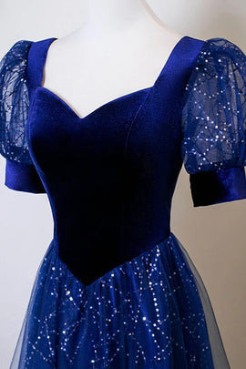 Blue A-line Short Sleeves Tulle and Velvet Party Dress, A-line Floor Length Prom Dress