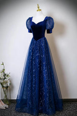 Blue A-line Short Sleeves Tulle and Velvet Party Dress, A-line Floor Length Prom Dress