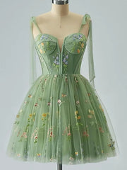 Green Floral Tulle Straps Knee Length Homecoming Dress, Green Sweetheart Short Formal Dress