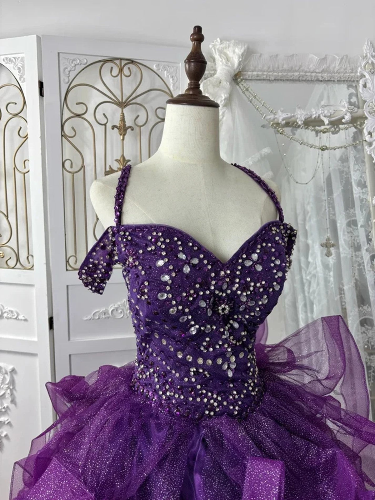 Purple Beaded Sweetheart Ball Gown Tulle Sweet 16 Dress, Purple Off Shoulder Long Formal Dress