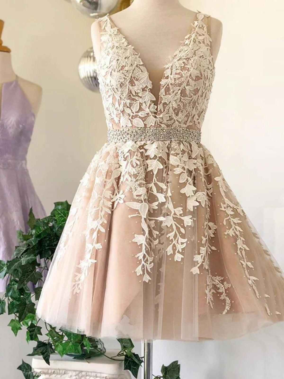 Ivory Tulle with Lace Applique Knee Length Party Dress, Ivory Tulle Homecoming Dress