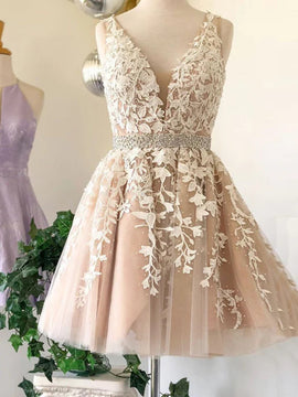 Ivory Tulle with Lace Applique Knee Length Party Dress, Ivory Tulle Homecoming Dress