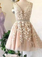 Ivory Tulle with Lace Applique Knee Length Party Dress, Ivory Tulle Homecoming Dress