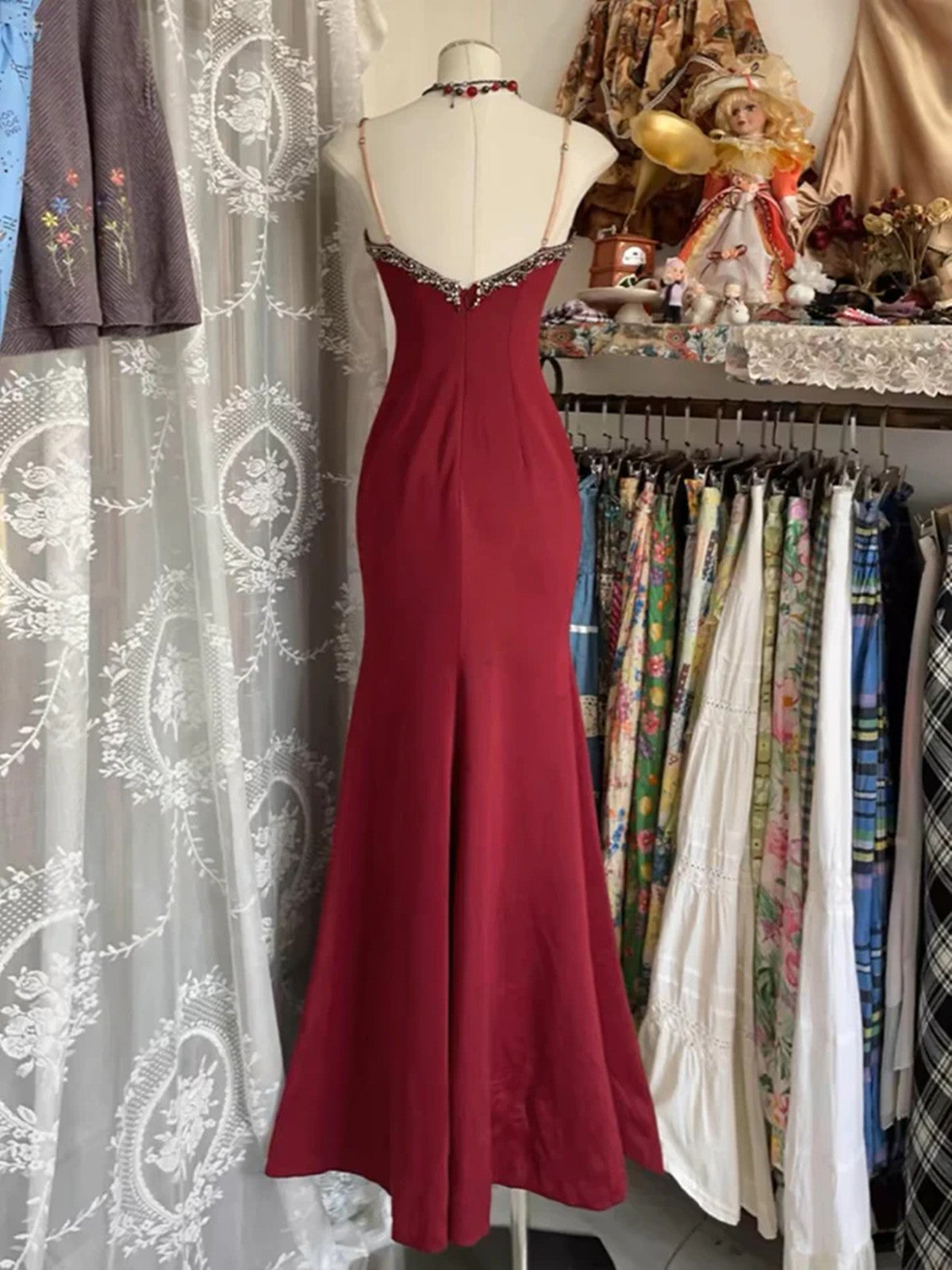 Lovely V-neckline Straps Spandex with Lace Prom Dress, Long Formal Gowns with Leg Slit