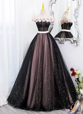 Black and Pink Tulle with Flowers Off Shoulder Party Dress, Tulle Sweet 16 Dress