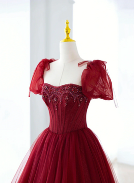 Wine Red Tulle A-line Beaded Long Formal Dress, Wine Red Tulle Prom Dress