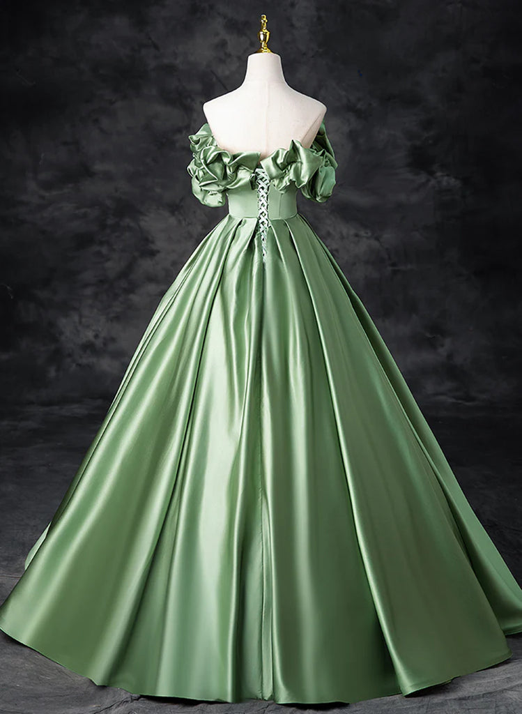 A-line Green Satin Off Shoulder Long Party Dress, Green Satin Prom Dre