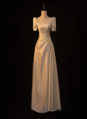 Ivory Satin Short Sleeves A-line Wedding Party Dress, Ivory Long Prom Dress