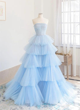 Blue Tulle Scoop Layers Long Party Dress, Blue Tulle Formal Dress