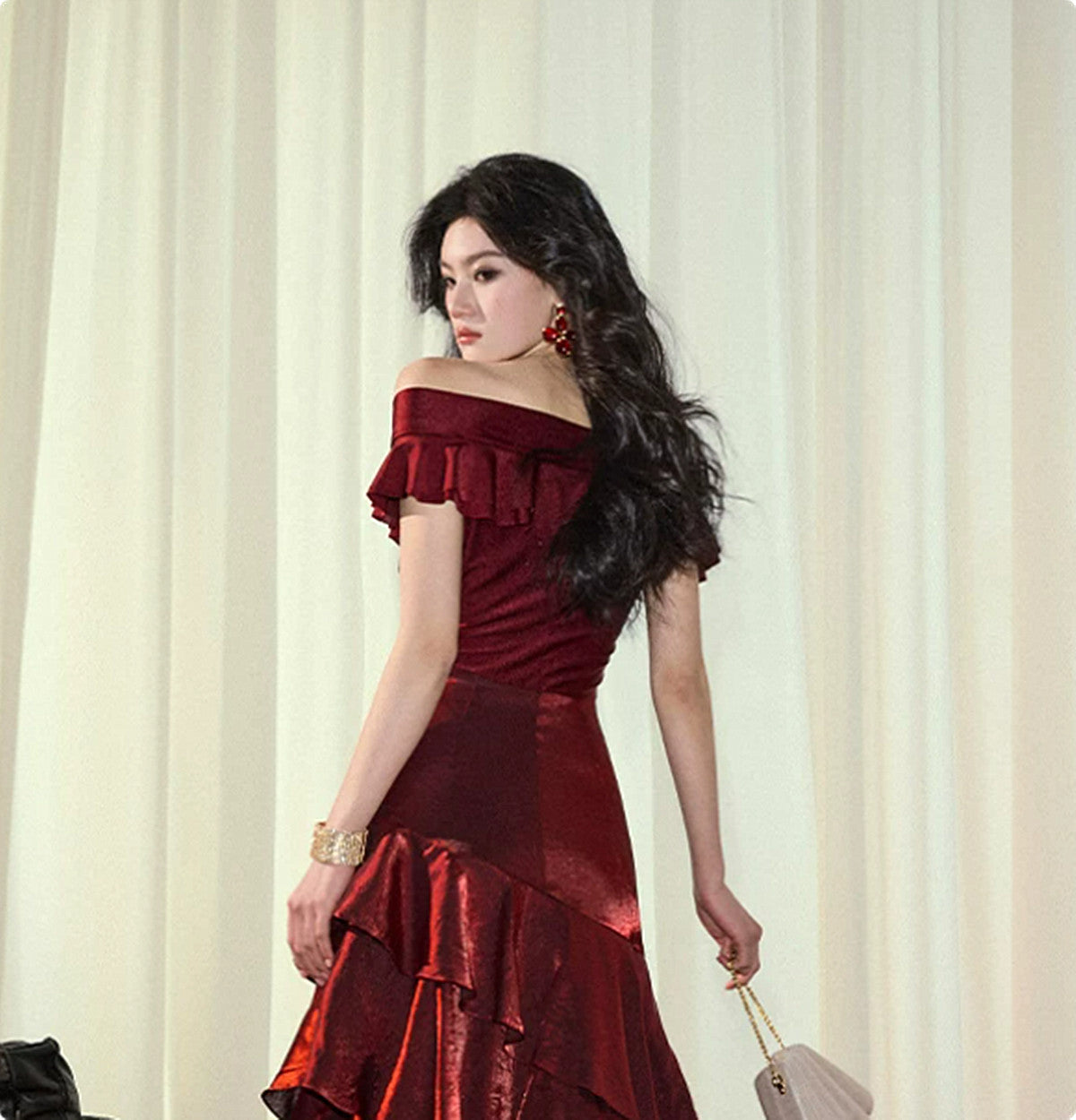 Elegant Off Shoulder Ruched Long Formal Dress, Chic Long Prom Dress with Ruffle Skirt