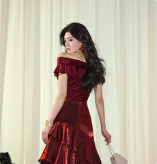 Elegant Off Shoulder Ruched Long Formal Dress, Chic Long Prom Dress with Ruffle Skirt