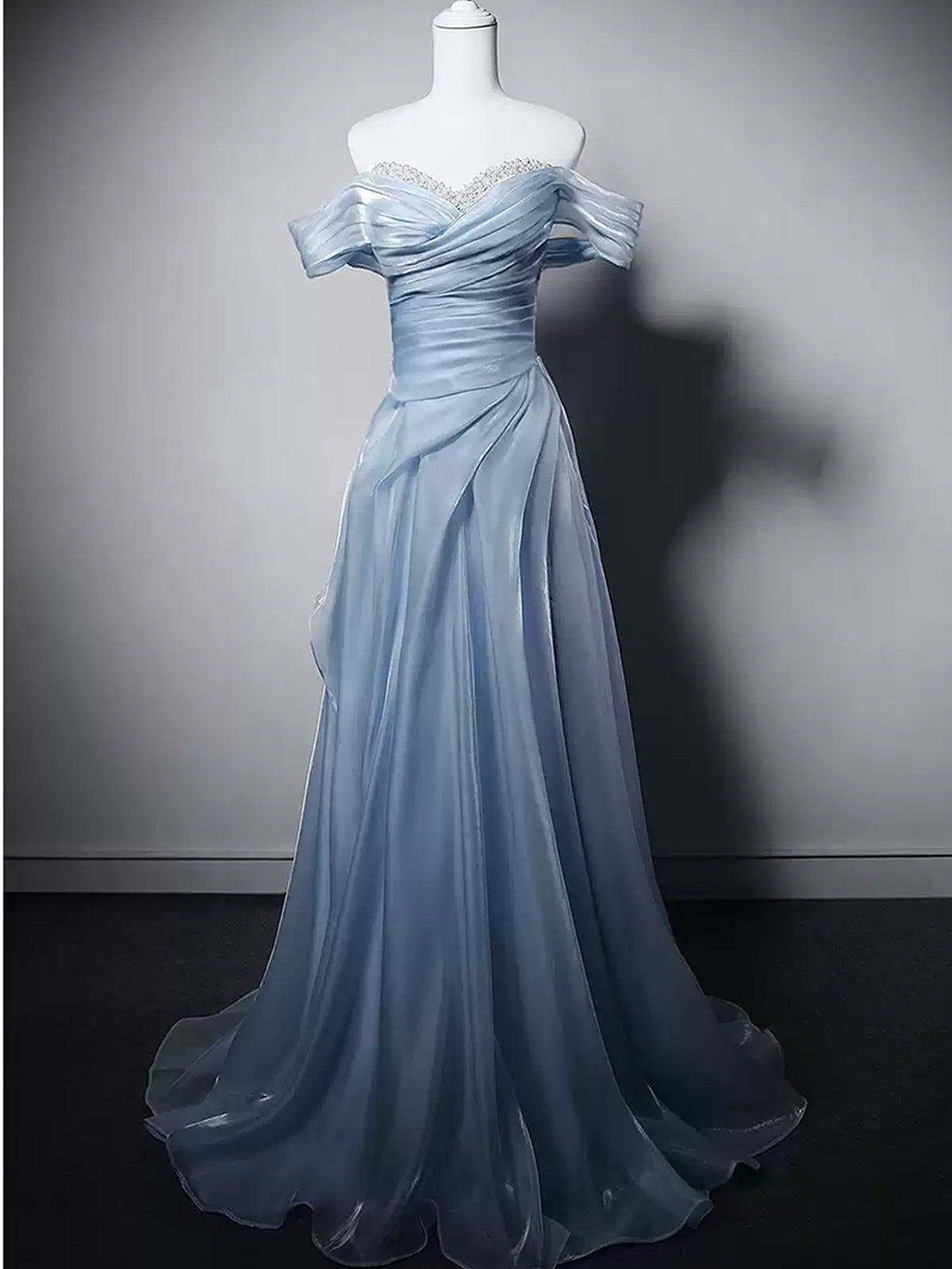 Light Blue Beaded Sweetheart Strapless Long Formal Dress, Light Blue Long Prom Dress Evening Dress