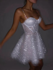 White Knee Length Tulle Straps Sweetheart Party Dress, White Shiny Short Party Dress Graduation Dress