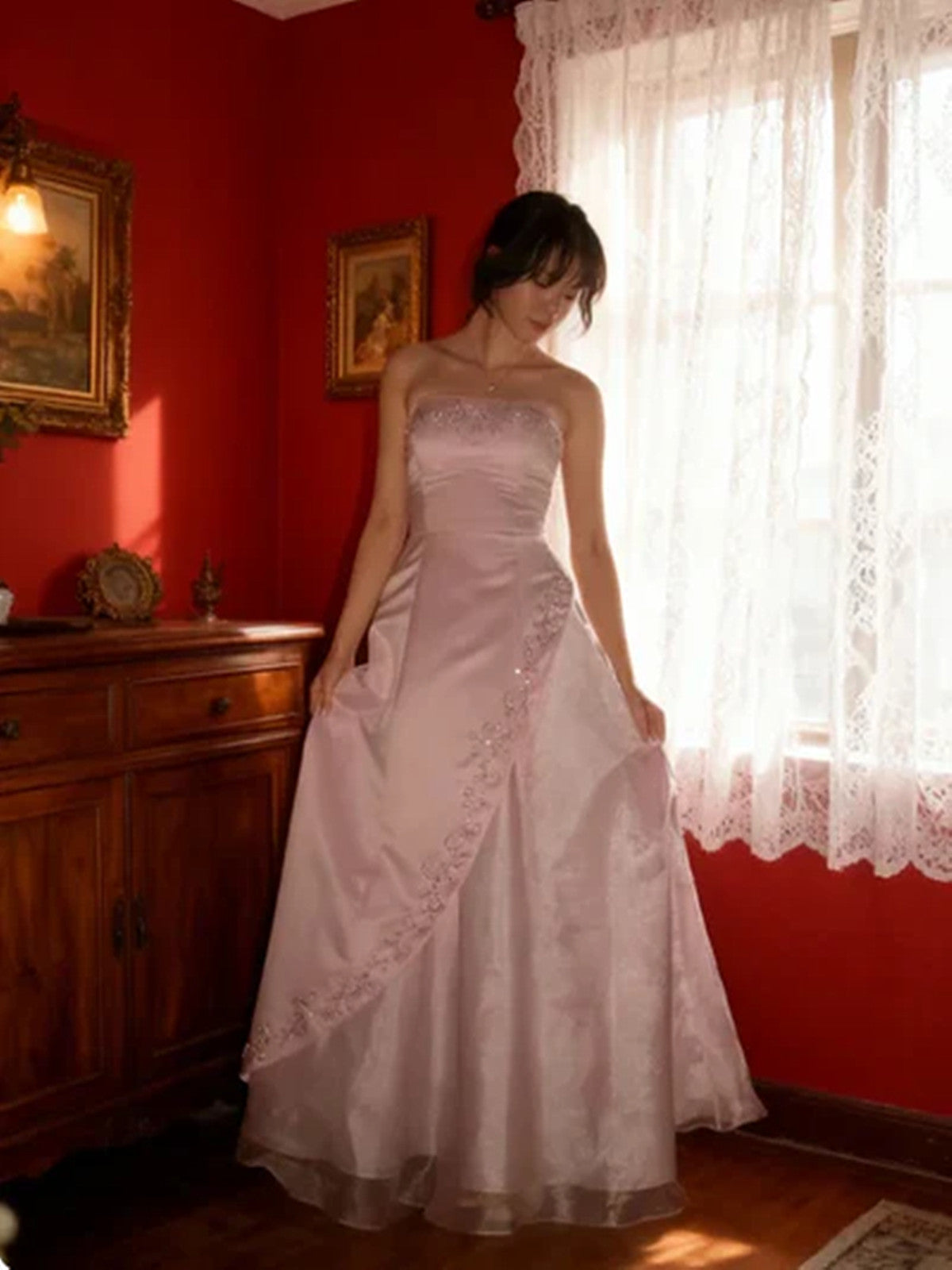 Elegant Strapless Satin  Pink Prom Gown, Embroidered A-Line  Long Evening Dress