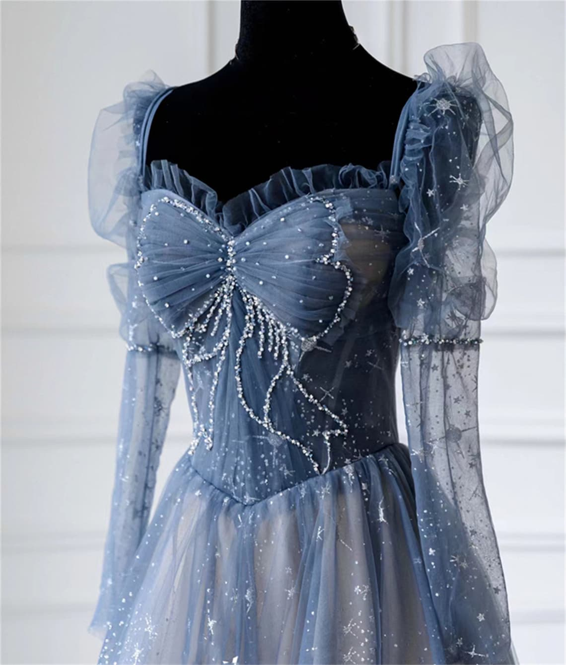 Blue Beaded Long Sleeves A-line Tulle Prom Dress, Blue Floor Length Party Dress
