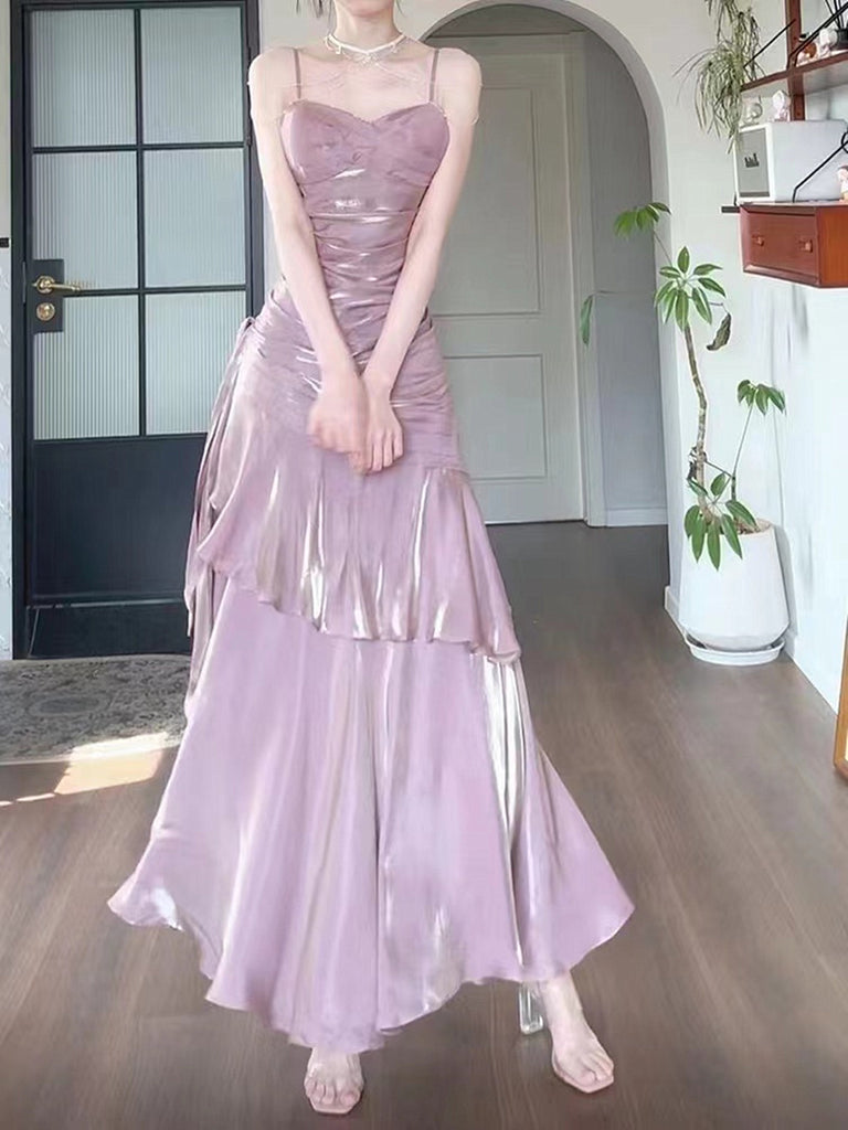 Unique Pink Satin Print Midi Prom Dress Straps Evening Dress Y8422