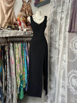 Black Chic  Long Party Dress with Leg Slit, Black V-neckline Strap Prom Dress