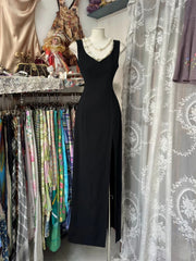 Black Chic  Long Party Dress with Leg Slit, Black V-neckline Strap Prom Dress