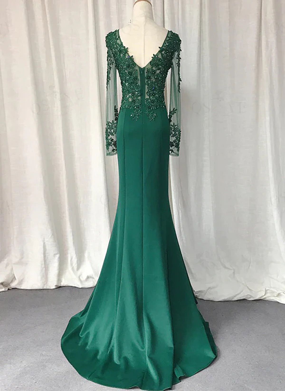 Green Mermaid Long Sleeves with Lace Applique Evening Dress, Green Pro Cutedressy Green Mermaid Long Sleeves with Lace Applique Evening Dress, Green Pro Cutedressy