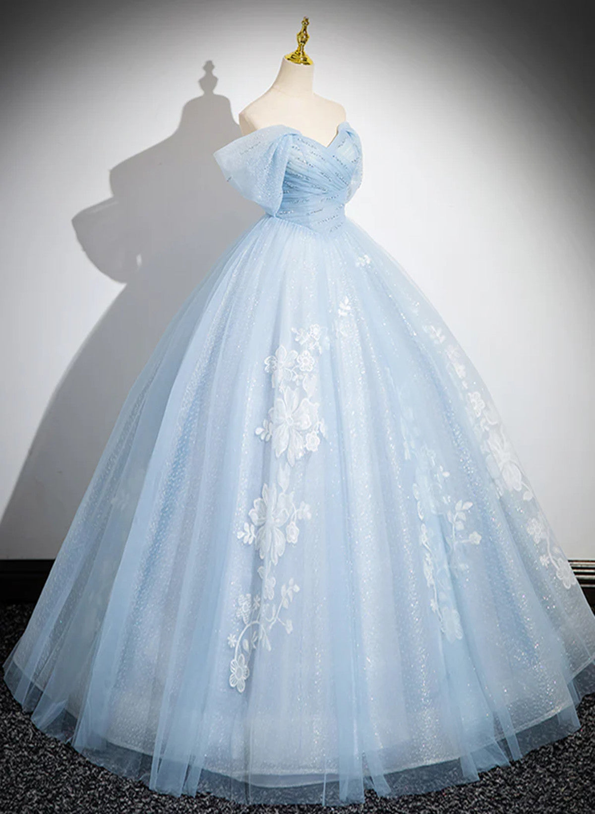 Light Blue Tulle Off Shoulder Beaded Prom Dress, Light Blue Party Dress Sweet 16 Dress