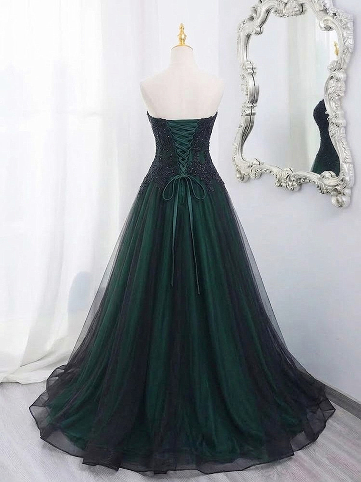 A-line Black and Green Gothic Sweetheart Party Dress, Black and Green Long Prom Dress