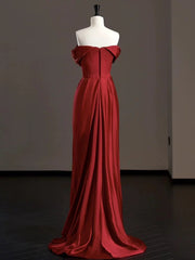 Wine Red Satin Off Shoulder A-line Long Formal Dress, Wine Red Satin Prom Dress