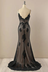 Black and Champagne Sweetheart Mermaid Party Dress, Long Straps Evening Dress Prom Dress