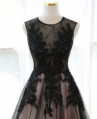 Black and Pink Tulle with Lace Long Formal Dress, A-line Beaded Prom Dress