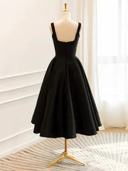 Black Straps Satin Tea Length Homecoming Dress, Black Satin Short Prom Dress Formal Dress