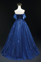 A-line Blue Tulle Sweetheart Off Shoulder Party Dress, Blue Tulle Evening Dress Prom Dress