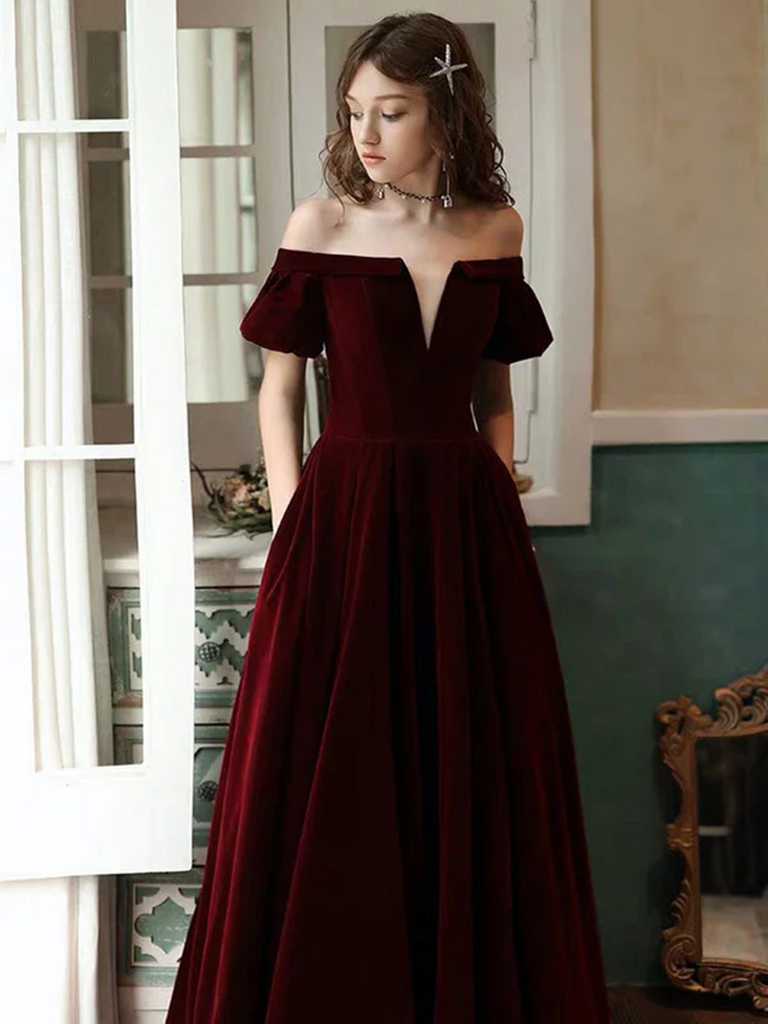 Wine Red Velvet Off Shoulder Long Party Dress, A-line Velvet Long Prom