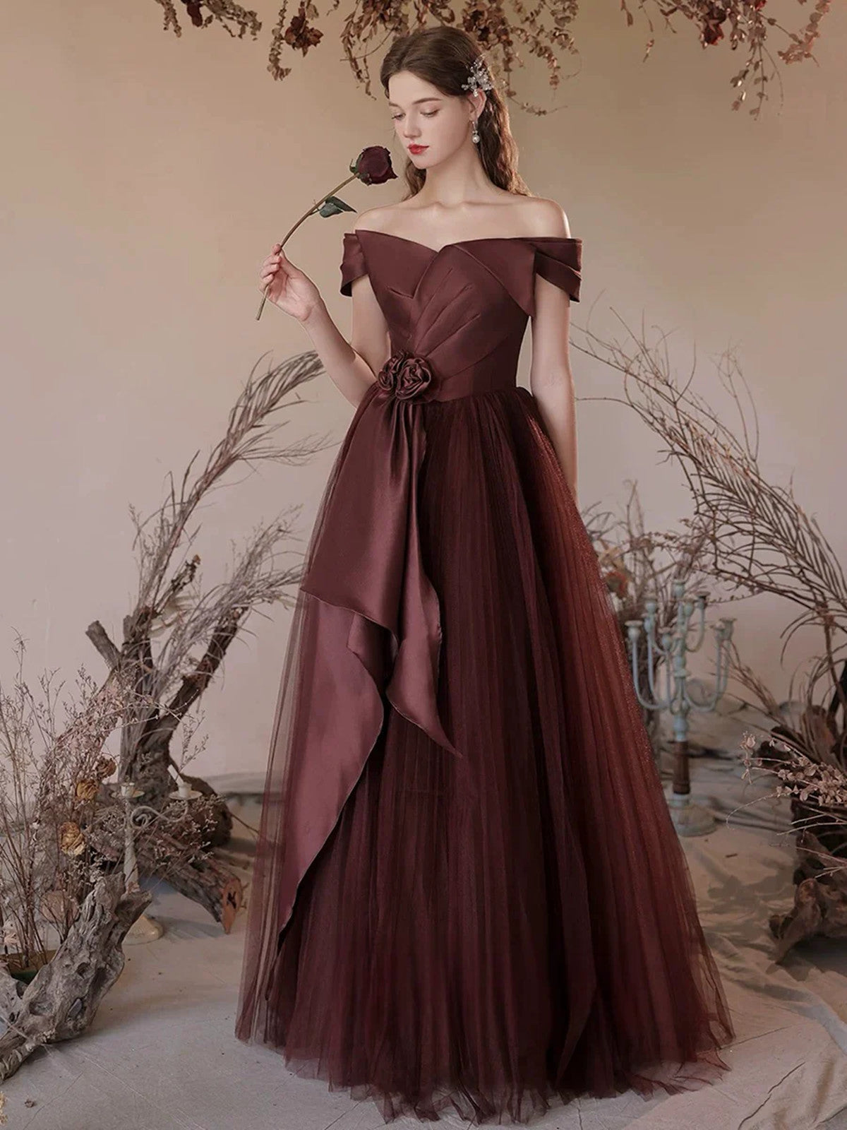 Brown Satin and Tulle Off Shoulder Long Formal Dress, A-line Simple Evening Dress Prom Dress