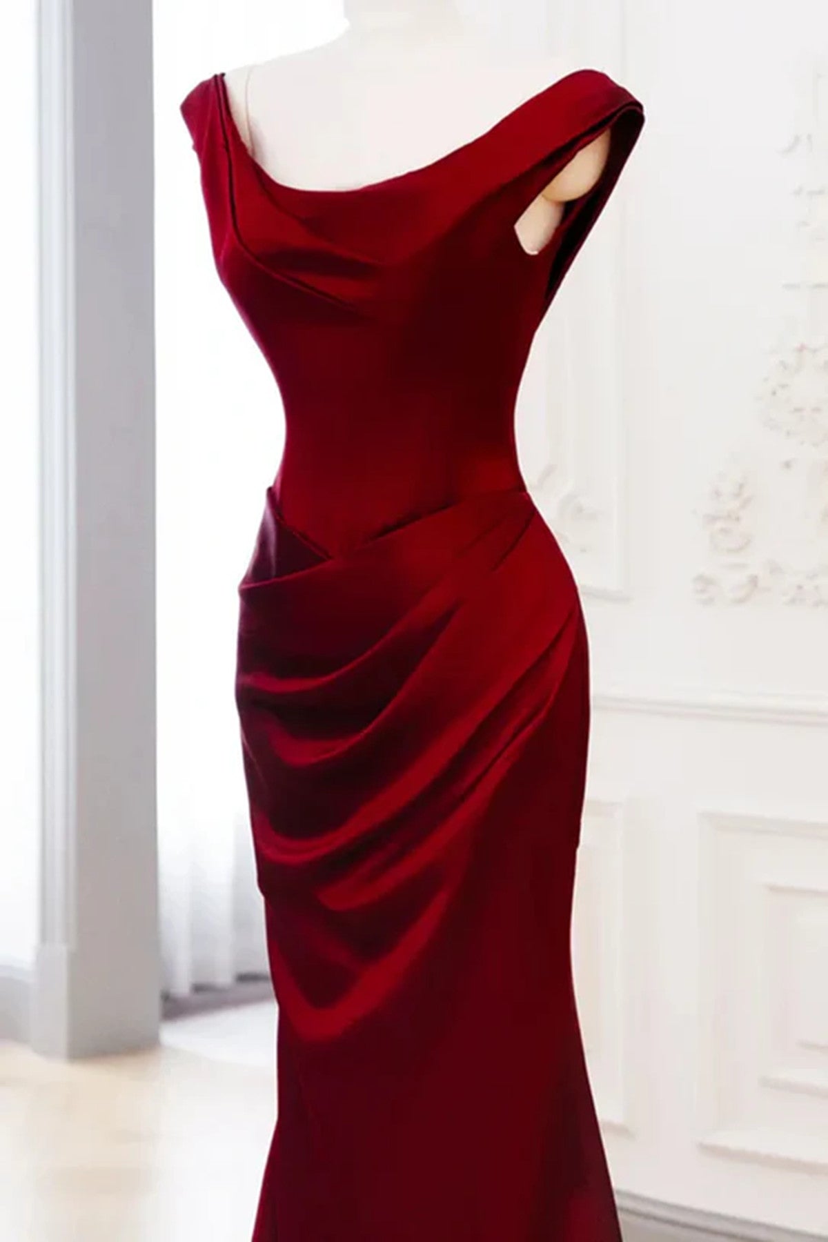 Wine Red Round Neckline Satin Mermaid Long Prom Dress, Wine Red Satin Evening Dress