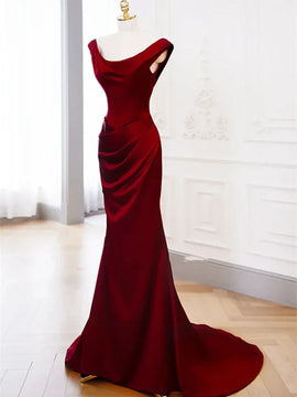 Wine Red Round Neckline Satin Mermaid Long Prom Dress, Wine Red Satin Evening Dress