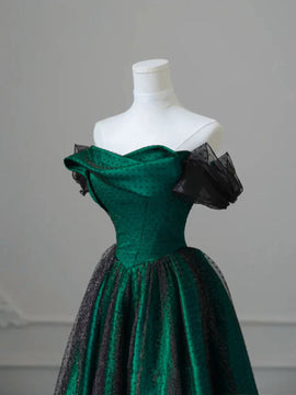 A-line Green Satin and Black Tulle Long Prom Dress, Off Shoulder Long Evening Dress