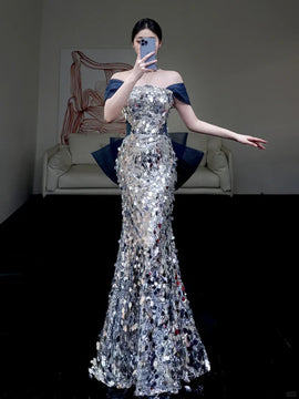 Sequins Mermaid Long Party Dress with Bow, Off Shoulder Sequins Prom Dress