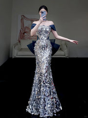 Sequins Mermaid Long Party Dress with Bow, Off Shoulder Sequins Prom Dress