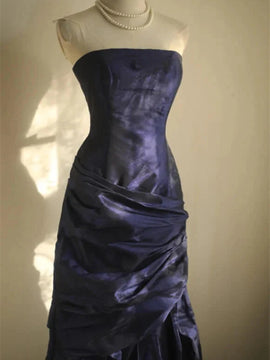 Navy Blue Scoop Taffeta Strapless Party Dress, Navy Blue Long Prom Dress Evening Dress