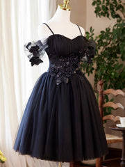 Navy Blue Knee Length Sweetheart Flowers Party Dress, Navy Blue Homecoming Dress