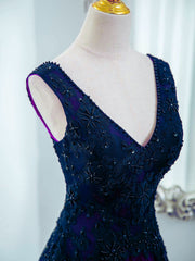 A-line Blue and Purple V-neckline Tulle Party Dress, Blue and Purple Floor Length Prom Dress
