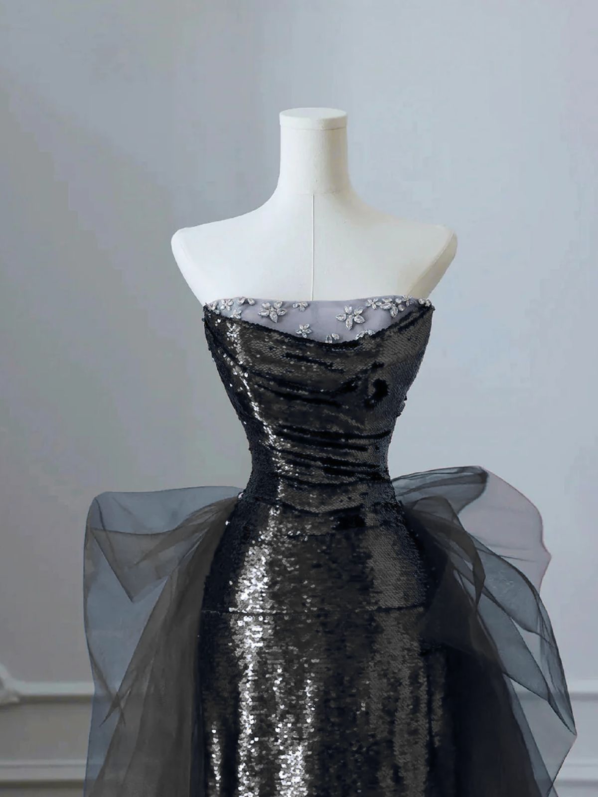 Black Sequins and Tulle Beaded Long Party Dress, Black Sequins A-line Prom Dress