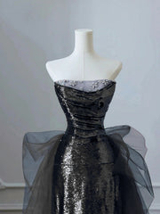 Black Sequins and Tulle Beaded Long Party Dress, Black Sequins A-line Prom Dress