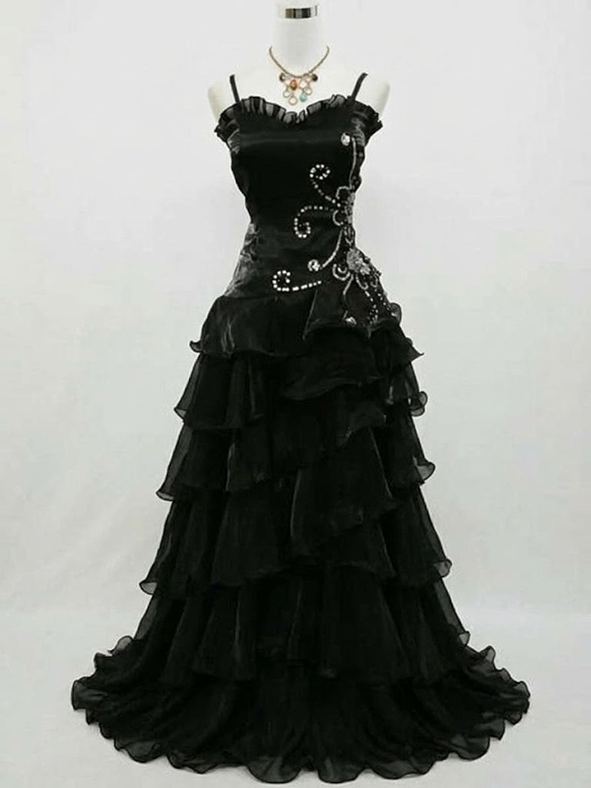 Gothic Black Organza Layers Beaded Straps Long Prom Dress, A-line Black Sweetheart Party Dress
