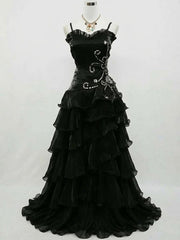 Gothic Black Organza Layers Beaded Straps Long Prom Dress, A-line Black Sweetheart Party Dress