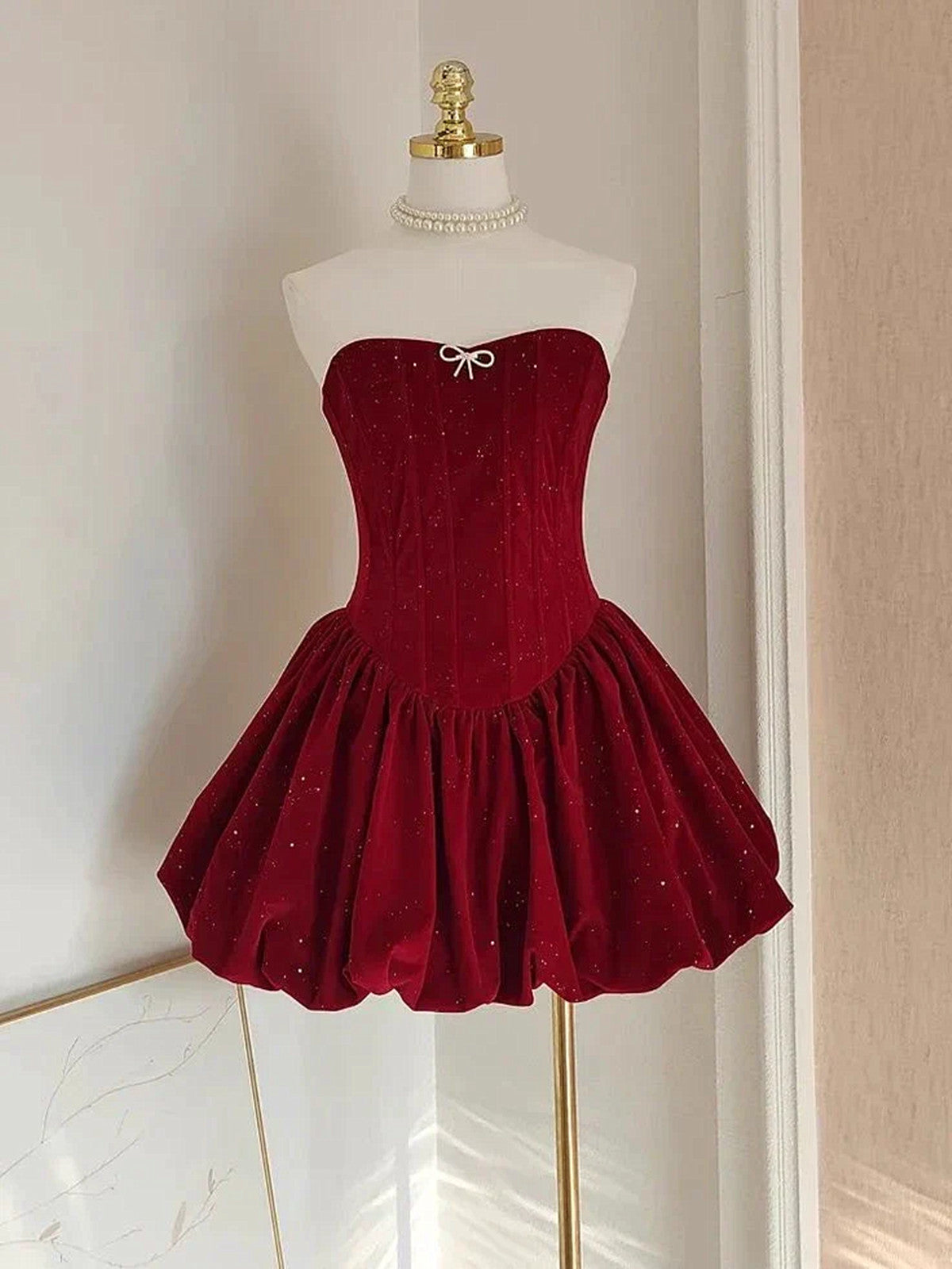 Wine Red Velvet Short Homecoming Dress, A-Line Strapless Wine Red Short Party Dress