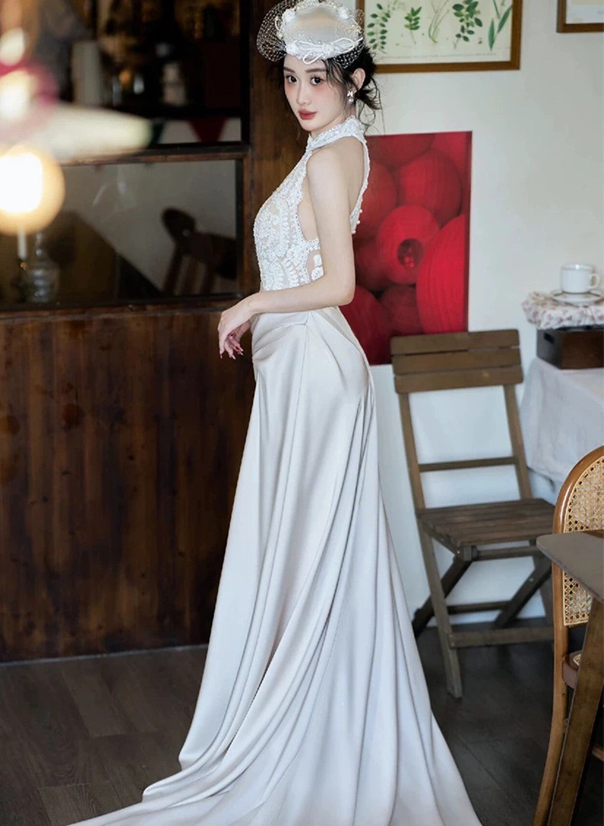 Elegant Lace and Satin Halter Long Wedding Party Dress, Long Formal Go Cutedressy Elegant Lace and Satin Halter Long Wedding Party Dress, Long Formal Go Cutedressy