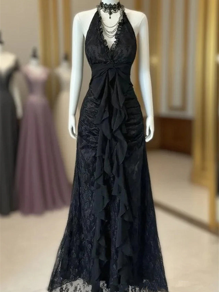 A-line Black Lace Halter V-neckline Party Dress, Black Lace Evening Dr