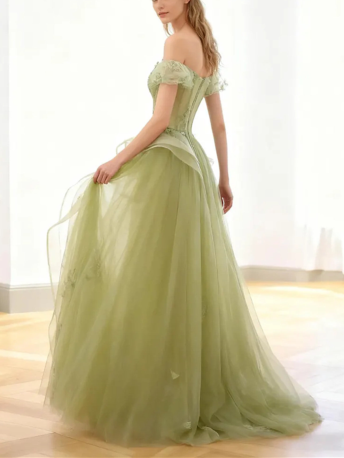 Green Sweetheart Tulle A-line Off Shoulder Prom Dress, Green Tulle Lace Applique Beaded Party Dress